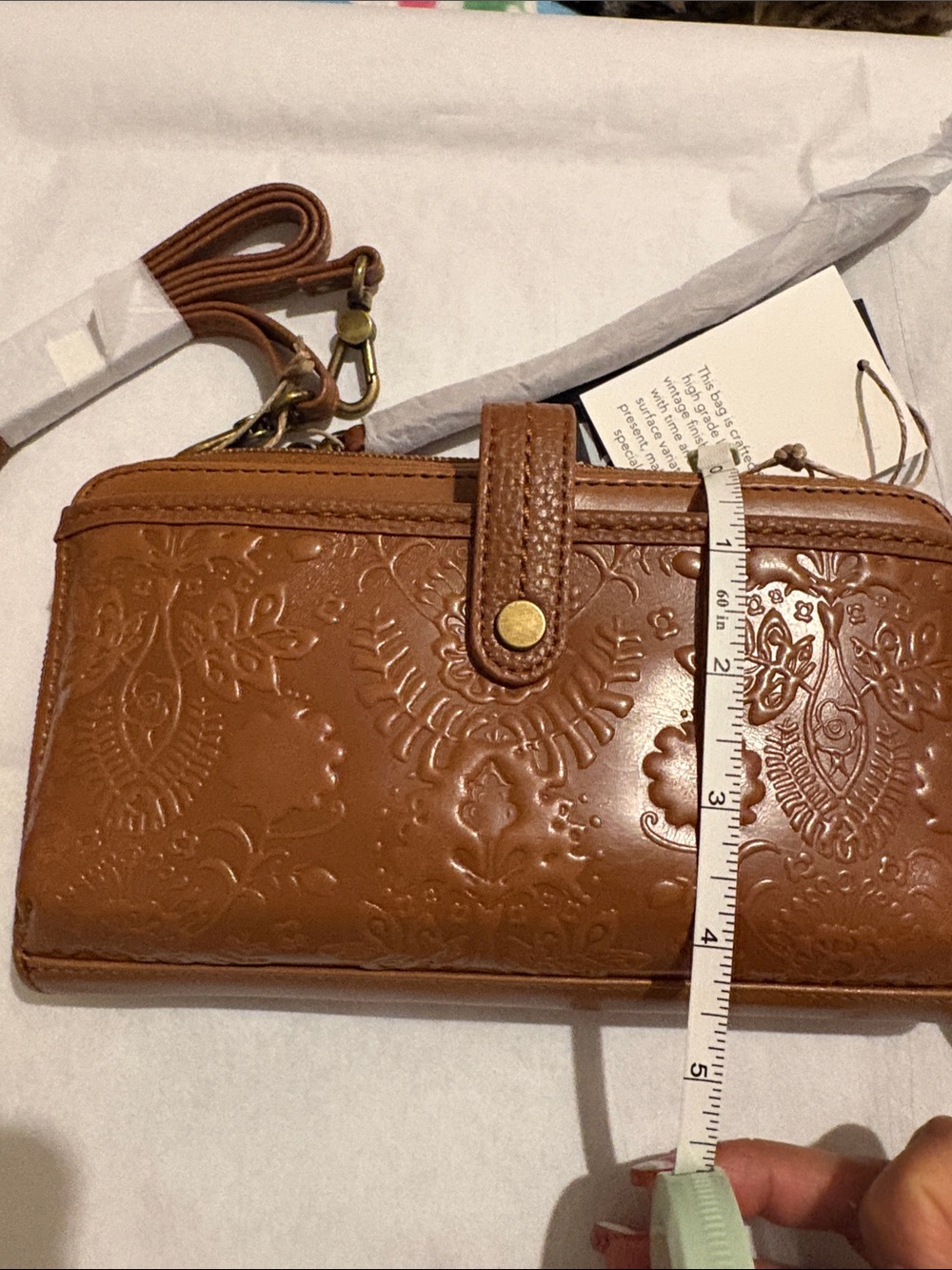 NWT The Sak Embossed Brown Leather Wristlet with crossbody strap - Picture 9 of 9